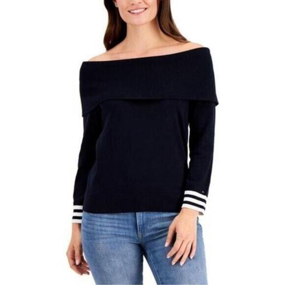 Tommy Hilfiger Plus Size 2X Navy Off Shoulder Sweater White Stripe NWT - Picture 11 of 11